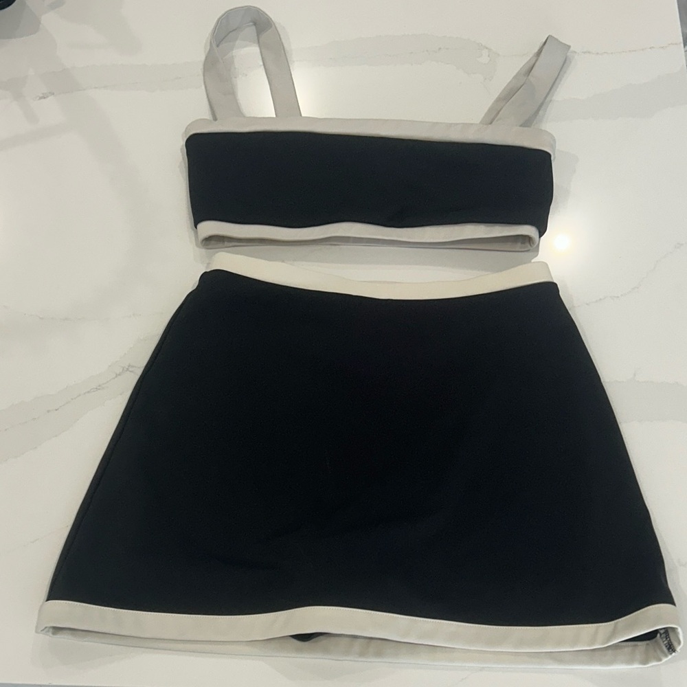 Reformation Black Two-Piece Crop Top and skort Set with white trim